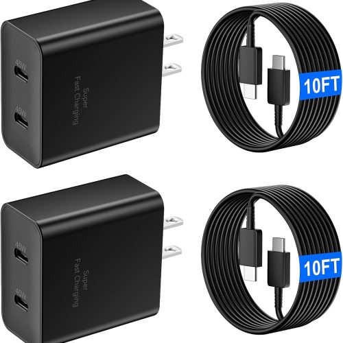 1 45W Super Fast USB C Charger for Samsung Galaxy S25 Ultra/S25+/S25/S24/S23 Ultra/S23+/S22+/S20/iPhone 17 16 15, 2-Port 45 Watt Type C Fast Charger Block with 10FT USB C Cable Cord for Android Phone