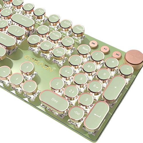 1 Typewriter Style Mechanical Gaming Keyboard White LED Backlit 104-Key NKRO Pink Switches Retro Round Keycaps Golden Ring Volume Knob Metal Panel Wired USB-C Detachable Cable, Matcha Green