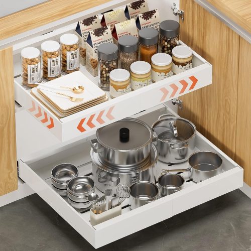 1 2 Pack 16.5" Deep Pull Out Cabinet Organizer, Adjustable Width (12.2"-20.4") Pull Out Drawers for Frameless Cabinets, Upgrade 3 Slide Rails Slide Out Drawers for Kitchen Cabinets