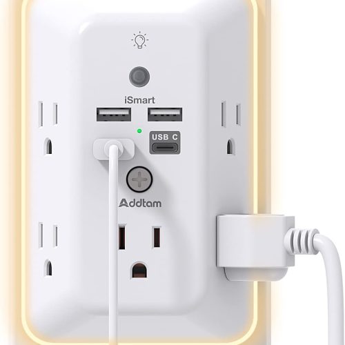 1 Surge Protector, Outlet Extender with Night Light, Addtam 5-Outlet Splitter and 4 USB Ports(1 USB C), Multi Plug Wall Outlet for Home Office Dorm Room Essentials