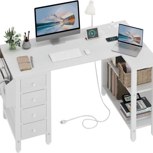 1 White L Shaped Computer Desk with Drawers & Storage Shelves, 47 Inch Corner Reversible Desk with Power Outlet for Home Office Bedroom, L-Shaped Teen PC Desks with Fabric Drawer, White