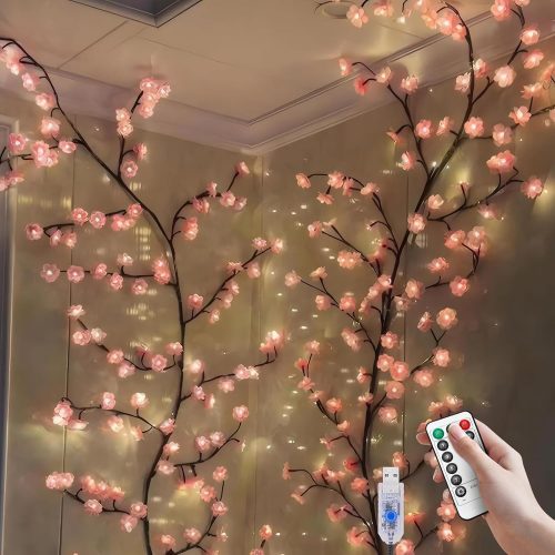 1 Cherry LED Tree Branch Lights for Wall, Cherry Blossom Willow Vine Twig Decor Garland with 48 LED Lights and Remote,8 Lighting Modes,Christmas Decorations Indoor for Home Wall Door Window (47inch)