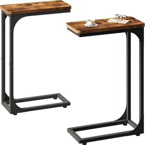 1 Narrow C Shaped Side Table Set of 2 Living Room Sets Slim Couch Tray Tables Skinny Thin Small Farmhouse 7 inch Width, Rustic Brown (017-18BN)