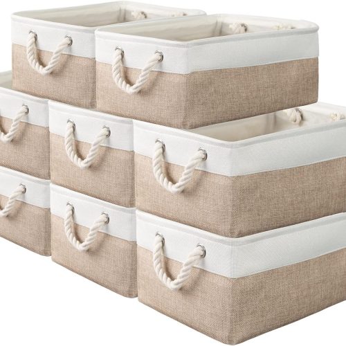 8 Pack Storage Basket Bins - Decorative Baskets Bulk Storage Box Cubes Containers with Handles for Clothes Storage Bathroom, Garage, Books, Home, Office, 13.7L x 9.8W x 6.7H (White&beige)