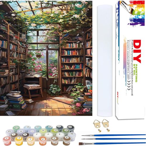 Bookshelf Paint by Number Adults-Paint by Number Canvas for Adult Book,Canvas Painting by Numbers for Adults for Gifts and Home Wall Decor 16x20inch(with Gifts Box)