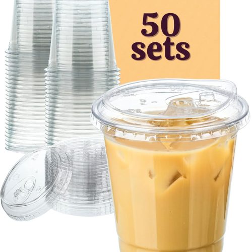 1 12 oz Clear Plastic Cups with Lids, 50 Sets Disposable Plastic Iced Coffee Cups with Strawless Sip-Lids, To Go Coffee Cup for Smoothie, Milkshake, Cold Drinks