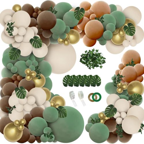 1 PERPAOL 148pcs Woodland Safari Jungle Wild One Balloon Garland Arch Kit Sage Green and Brown Sand white Balloons with Palm Leaves for Tropical Boho Birthday Party Supplies Baby Shower Decorations