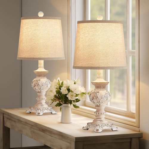 21'' Small Table Lamps for Bedroom Bedside Lamps Set of 2 Farmhouse Nightstand Lamps with Carved Floral Vintage Side Table Lamps for Living Room Kids Office, White, Bulb Not Include