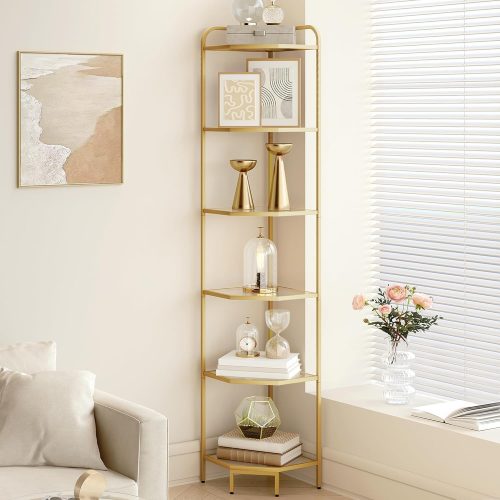 Corner Shelf Stand, Glass Bookshelf Bookcase, Bathroom Organizer, Plant Stand, Steel Frame, Tempered Glass, Modern Style for Living Room, Bathroom, Kitchen, 6-Tier Golden CS90600G