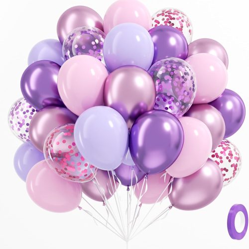 61pcs Pink and Purple Balloons, 12 Inch Purple Pink Confetti Latex Balloons, Metallic Balloon for Bridal Baby Shower Wedding Women Birthday Party Decorations