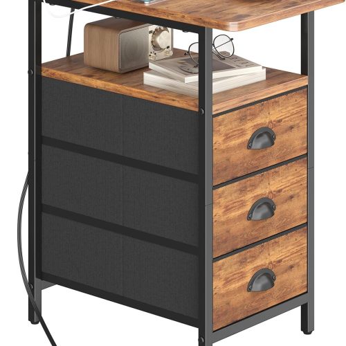 End Table with Charging Station, Side Tables Livingroom with USB Ports and Outlets,Narrow Nightstands Bedside Tables with 3 Drawers for Small Space,Slim Sofa Table Bedroom,Rustic Brown