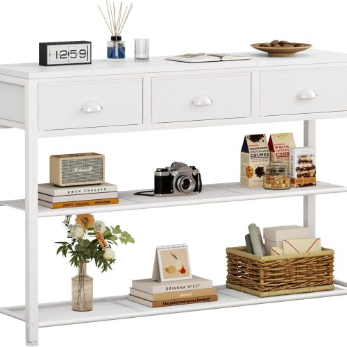 White Entryway Table, 38'' Console Sofa Table with 3 Fabric Drawers, Industrial Entry Way Table with Storage Shelves, Display Shelf for Living Room, Hallway, Entrance, Foyer