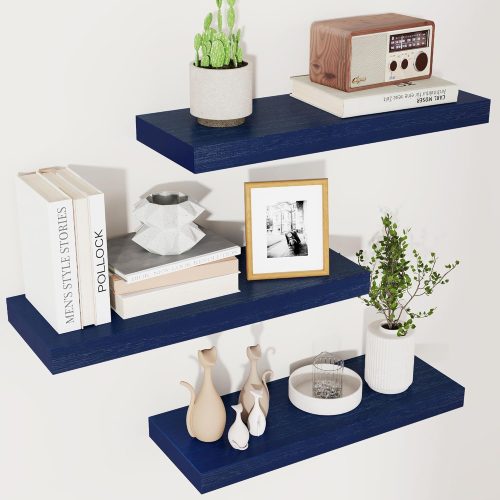 Blue Floating Shelves for Wall - Wood Wall Shelves Set of 3 - Dark Blue Shelves for Room Decor & Storage in Bedroom Living Room Bathroom Kitchen