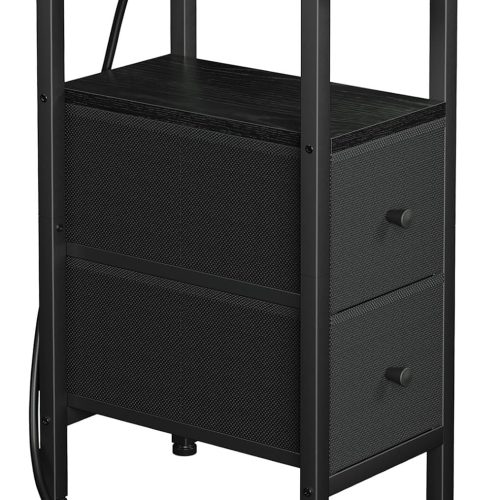 Narrow End Table Living Room with Charging Station, Skinny Side Table with Fabric Drawers, Slim Nightstand for Bedroom, Small Spaces, Couch, Black, HETNDP02BK-1