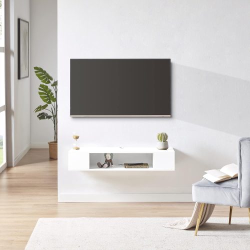 Floating TV Stand, Wall Mounted Entertainment Center and Cabinet Shelf, Media Console for DVD Player, Space-Saving Under TV Shelf for Bedroom, Living Room (White)