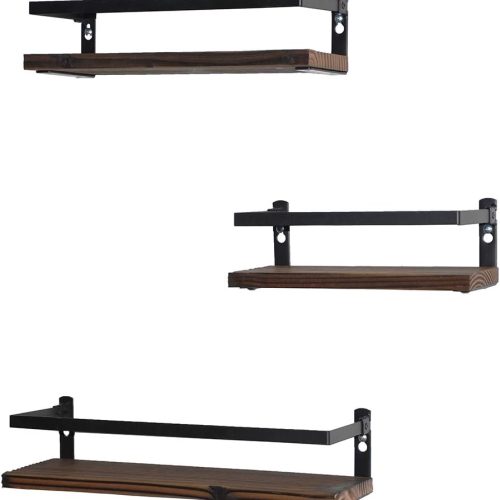 Floating Shelves Rustic Wood Wall Mounted Shelf Practical Metal Fence Design Ideal for Bedroom, Bathroom, Kitchen Set of 3(Brown)