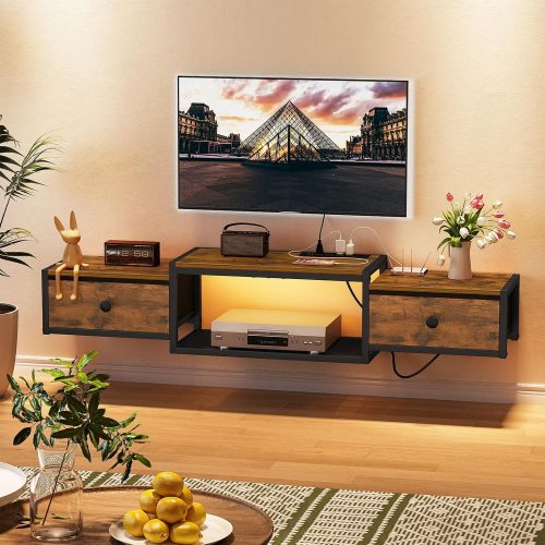 Floating TV Stand with Power Outlet 55", Wall Mounted Entertainment Center with LED Lights, Floating TV Shelf with Drawer, Wall Mounted Media Console Shelf for Living Room, Bedroom
