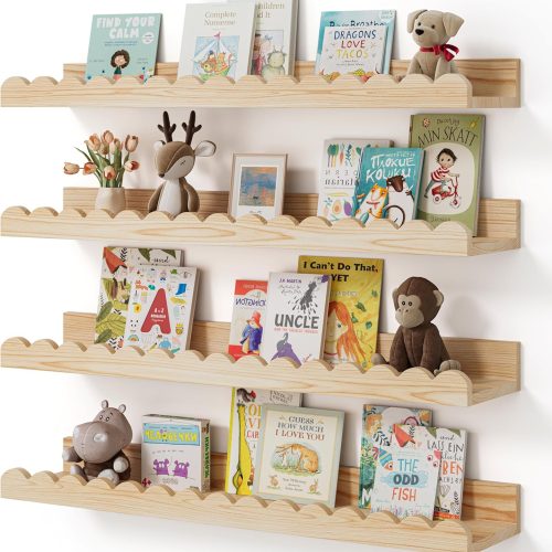 Nursery Book Shelves, 4-Pack Wood Floating Shelves for Wall Kids, Scalloped Shelves, Wall Book Shelves for Bedroom Kids, Toddler Room, Baby Room, Nursery Decor (Wood, 23 Inches)