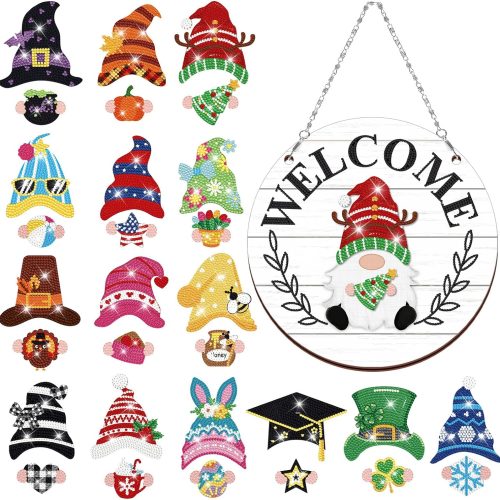 Qunclay 31pcs Christmas Magnetic Diamond Painting Gnome Sign Interchangeable Detachable Hat Hand DIY Gnome Welcome Sign for Front Door, Christmas Home Decor Holiday Gift(White)