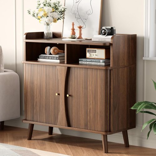 1 39" Buffet Sideboard Cabinet, Mid Century Modern Console Cabinet with Roller Shutter Sliding Doors & Adjustable Shelves for Kitchen Cabinets, Living Room, Entryway, Coffee Bar Cabinet (Walnut)