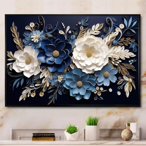 1 Navy Blue and White Canvas Wall Art 3D Blue White Textured Abstract Art Botanical Floral Poster Prints Navy Blue Abstract Painting Modern Flower Wall Art for Home Deocr 16x24inch Frameless