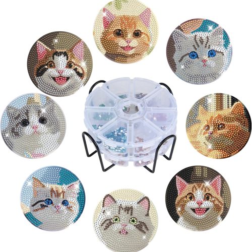 1 Diamond Coasters Art Painting Kit, 8pcs Diamond Cute Cat Art Coasters with Holder DIY Diamond Crafts Art Supplies for Adults Kids Beginners Beach House Decor (New Cat Style)