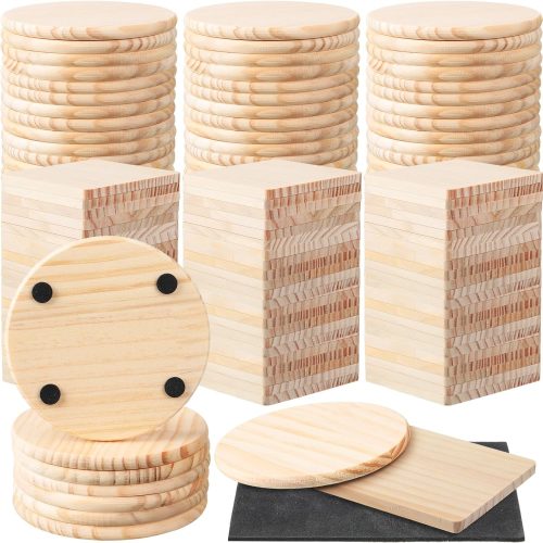 1 96 Pcs Unfinished Wood Coasters 4 Inch Blank Wooden Coasters for Crafts with Non Slip Foam Pad Stickers Wooden Craft Tabletop Protection for Christmas DIY Painting Engraving Home Decoration