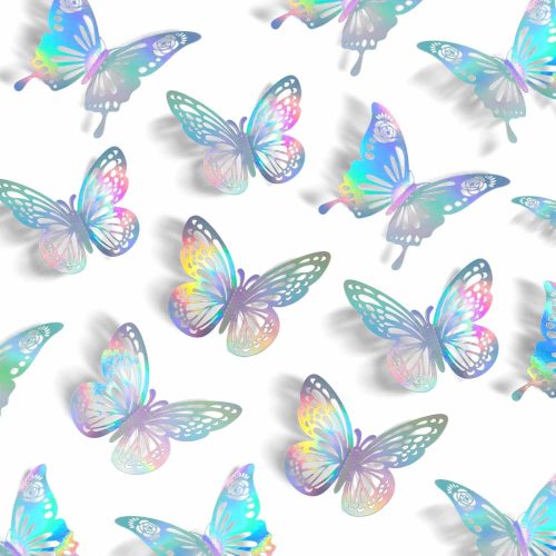 1 Laser Butterfly Wall Decor, 48Pcs 2 Styles 3 Sizes Butterflies for Birthday Cake Cupcake Toppers, 3D Paper Iridescent Sticker Graduation Grad Cap Decorations Baby Shower Girl Room Nursery Decals