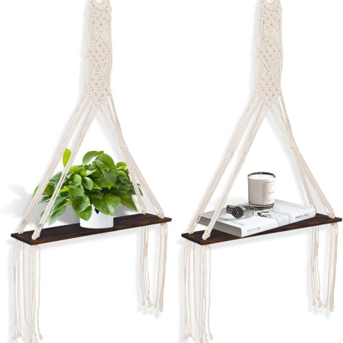 1 2PCS Macrame Wall Hanging Shelf,Farmhouse Rustic Plant Shelf,Boho Wooden Display Floating Shelves,Macrame Rope Triangle Shelf for Bedroom Dorm Nursery Living Room Bathroom