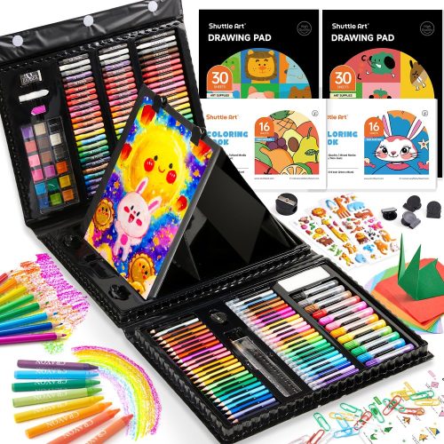 1 335 Piece Kids Art Set, Multi-Media Art Supplies, Gift Art Kit with Trifold Easel, 2 Drawing Pads, 2 Coloring Books, Oil Pastels, Crayons, Watercolors, Markers, Colored Pencils (Black)