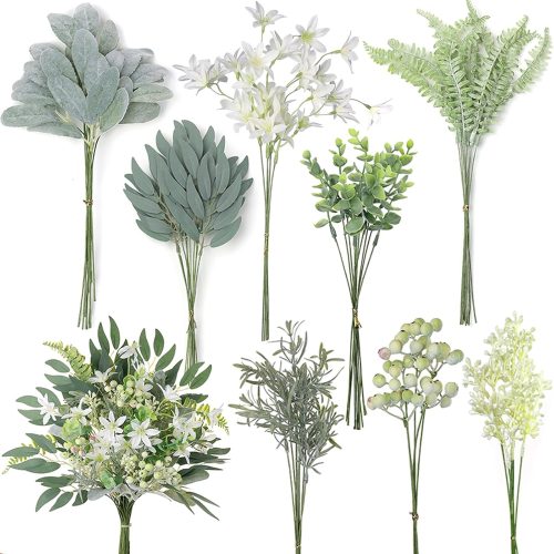 1 70 Pcs Artificial Greenery Stems Box Set,with 8 Kinds of Faux Plants and Fake Flowers for DIY Bridal Bouquets Wedding Floral Arrangement Table Centerpieces Decoration (Sage Green & White)