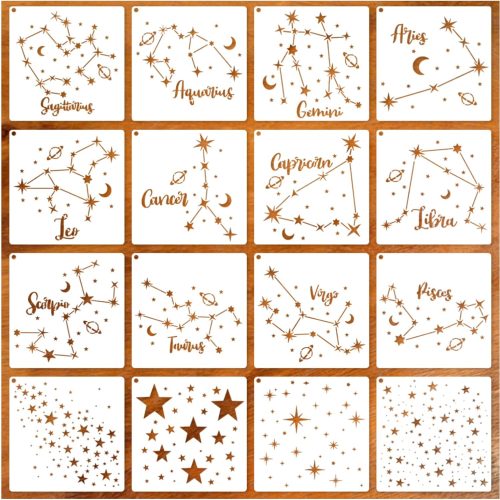 1 16-in-1 Star Stencils - Moon, Twinkle, Zodiac, Constellation - Set of 12 Star Signs - Reusable for Wall Painting, Card Making, Wood Burning, Art, Craft, Canvas, Fabric Decor