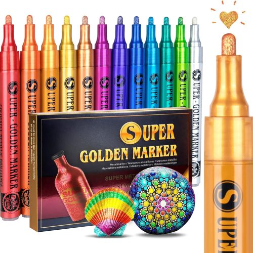 1 Super Golden Metallic Paint Markers, 12 Colors Sparkle Metallic Glitter Markers, Acrylic Paint Pens for Rock Painting, Glass, Wood, Fabric, Black Paper, Cards, Scrapbook, DIY Art Crafts (2-3mm)