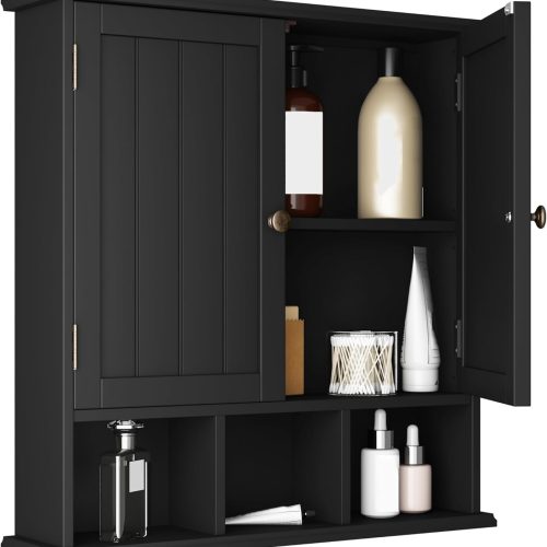 1 Bathroom Cabinet Wall Mounted 2-Door with 3 Open Shelves, Wooden Medicine Cabinets with Adjustable Shelf,Space Saver Storage Cabinets Over The Toilet for Bathroom&Living Room,Black