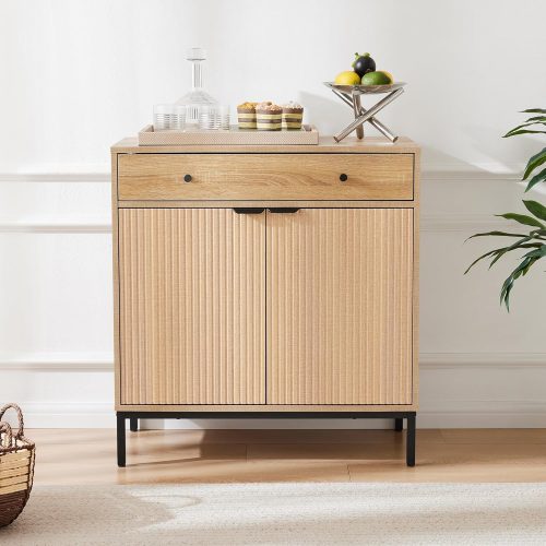 1 Farmhouse Buffet Sideboard Cabinet with Storage, Fluted Coffee Bar with Doors and Adjustable Shelves, Modern Wood Cabinet for Kitchen, Livingroom (Fluted 2 Door, Natural)