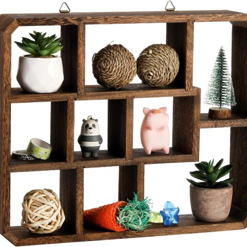 1 Rustic Shadow Box Display Shelf, 9 Compartments Wood Hanging Display Floating Shelves, Multi-Slot Wall Mounted or Freestanding Farmhouse Decor Displays Case