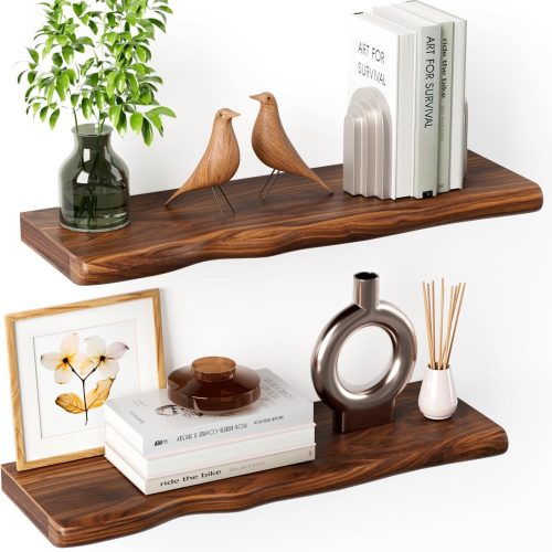 1 Floating Shelves for Wall Rustic Farmhouse 24 Inch Floating Shelf Bathroom Wooden Shelves for Wall Mounted Live Edge Pine Wall Shelf with Unique Natural Grain for Living Room Bedroom Kitchen (Walnut)