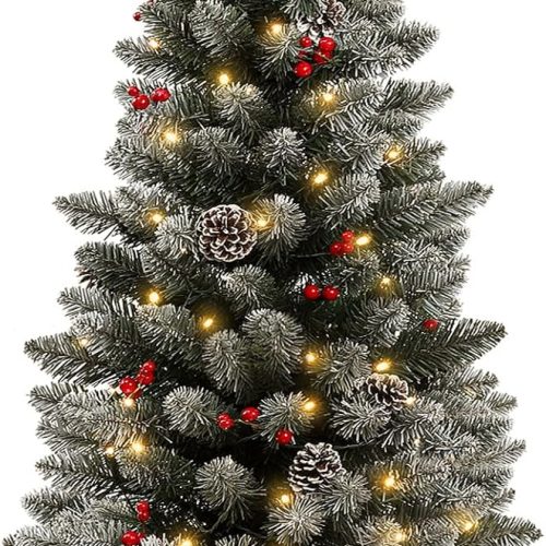 Decoway 4ft Christmas Tree Pre-Lit Artificial Mini Trees with Gold Pot Base, Flocked Snow 70 Warm White Led Lights Pine Cones Red Berries, for Entrances, Home Decorations Holiday Decor