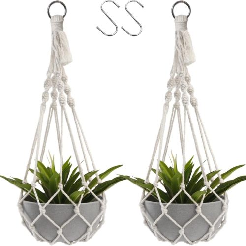 Artilady Macrame Plant Hanger Large Hanging Planter for Indoor Plants Holder White Cotton Rope Hanging Plant Basket Handmade Outdoor Window Boho Plant Wall Decor