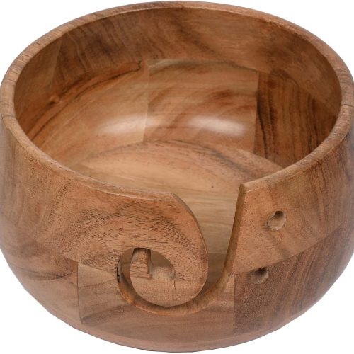 EDHAS Acacia Wood Yarn Bowl Holder | Handmade Holder with Holes | Yarn/Wool/String Storage Accessory (7" x 7" x 4")