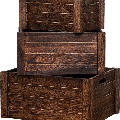 Large Vintage Brown Wooden Crates For Storage,Nesting Handmade Solid Wood Vintage Black Wood Storage Boxes.Storage Crates For Organizing.