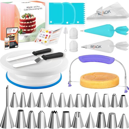 1 RFAQK 64PCs Cake Decorating Kit with Leveler, Baking Supplies Gift Includes Cake Stand Turntable, 24 Numbered Icing Tips, 30+1 Piping Bags, 2 Frosting Spatulas, 3 Scrappers, Video Course & Booklet