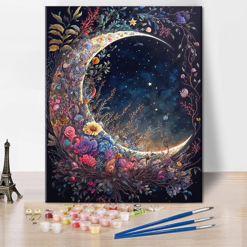 TUMOVO Moon Floral Adult Paint by Number Kit on Canvas, DIY Oil Painting, 16 x 20 Inch