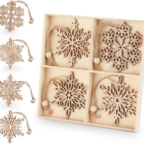 ilauke 12pcs Wooden Snowflakes Decorations 3 inch Christmas Ornaments Wood Hanging Ornament Rustic Farmhouse Christmas Craft Supplies