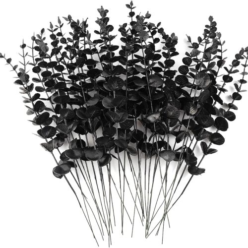 TIHOOD 14PCS 15” Black Eucalyptus Stems Artificial Eucalyptus Leaves Branches Fake Eucalyptuses Decor Faux Eucalyptus leaf Stem for Halloween Autumn Fall Floral Arrangement Wedding Bouquet Home Office