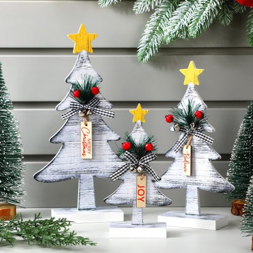 Barydat 3 Pcs Wooden Christmas Trees Tabletop Decoration 3 Sizes Rustic Farmhouse Wood Table Christmas Tree Christmas Centerpieces with Buffalo Plaid Bow for Home Tiered Tray Xmas Holiday Party Decors