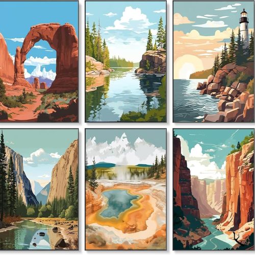 6 Pack Paint by Numbers Kit for Adults Beginner, National Park Adult Paint by Number Kits on Canvas Without Frame, National Park Landscape Oil Painting by Numbers for Home Decor Gift 8” W x 12”L
