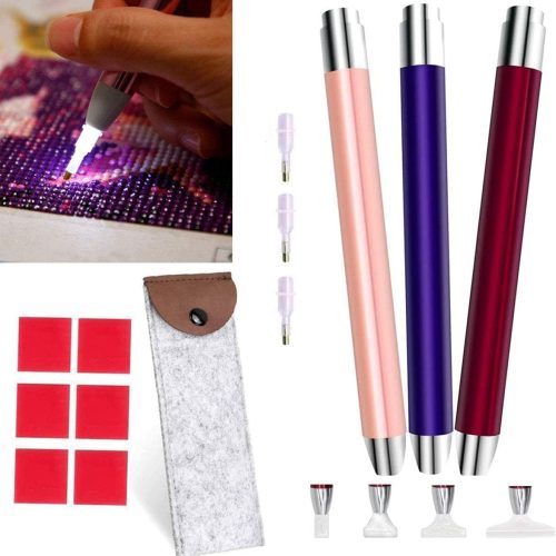VAVCASE diamond art painting Pen with Light - 3PCS Diamond Dots Painting Tools -Lighting diamond art painting Tools 4 Pen Heads, Storage Bag-Nail Art DIY Decoration Sewing Cross Stitch Accessories