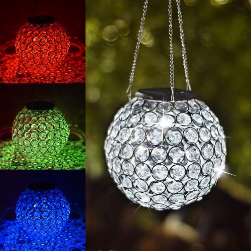 Solar Hanging Lantern Outdoor Lights, Dual LEDs Color Changing and Blue Hanging Light Waterproof Crystal Globe Lamp Decoration in Garden, Pathway, Front Door - Blue