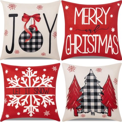 Red Christmas Decorations-Throw Pillow Covers 18x18 in Set of 4,Decorative Joy Snowflake Pillow Case for Couch Sofa Winter Holiday Indoor Outdoor Home Red White Xams Decorations